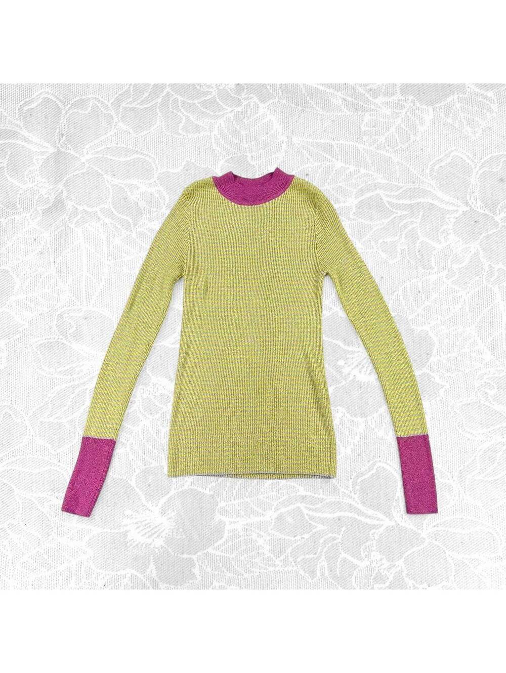 Animale Long Sleeve Metallic Yellow Silver and Pink  Ribbed Knit Top - P